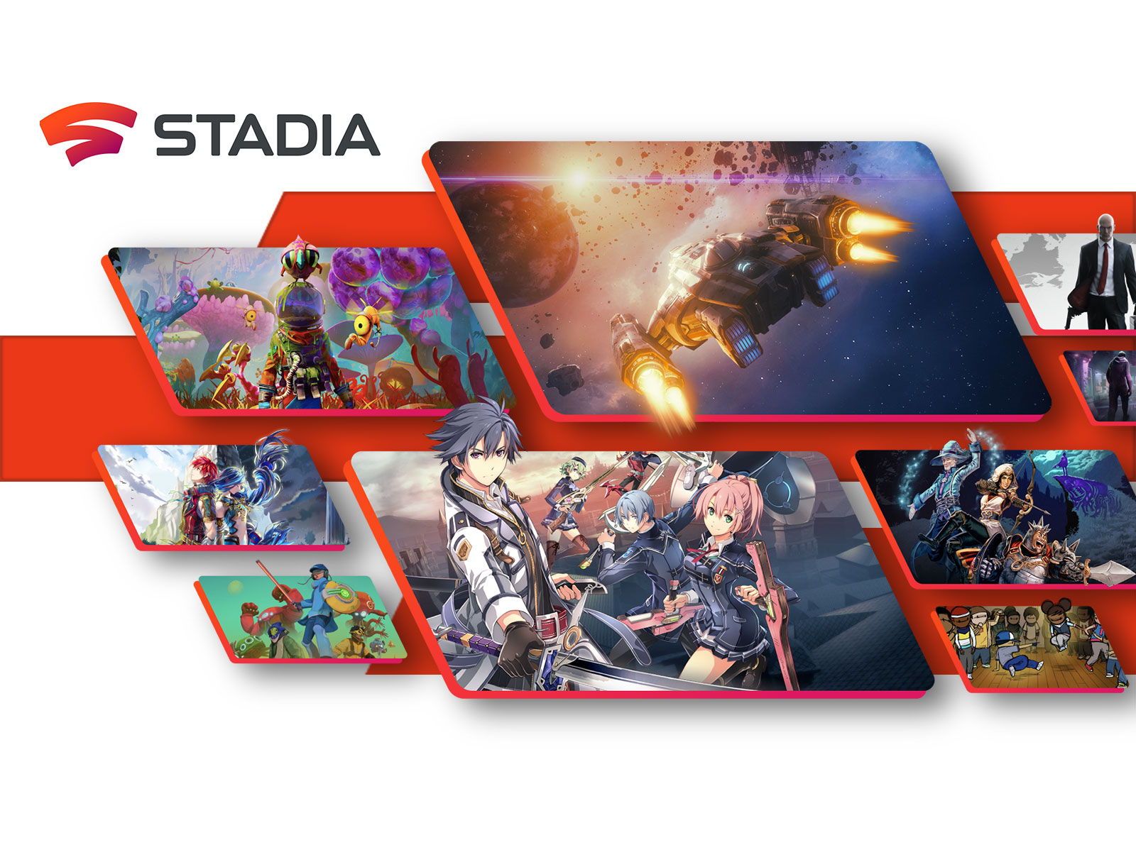 An image feautring the STADIA logo and picture inserts of scenes and characters from several video games. 