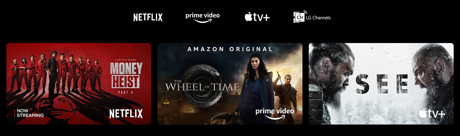 A poster of Money Heist from Netflix, The Wheel of Time from Prime Video, and See from Apple TV Plus.