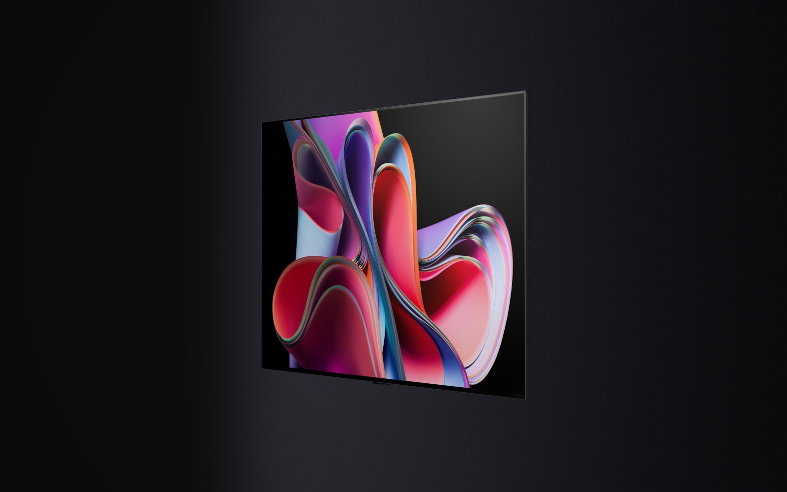 A video opens with the words LG OLED evo in a white font against a black background. The words enlargen and fill with color. Then the scene transitions to LG OLED G3, showing a colorful abstract artwork. The screen rotates to the side to present the slim edge and then fixes to a wall, representing the One Wall Design.
