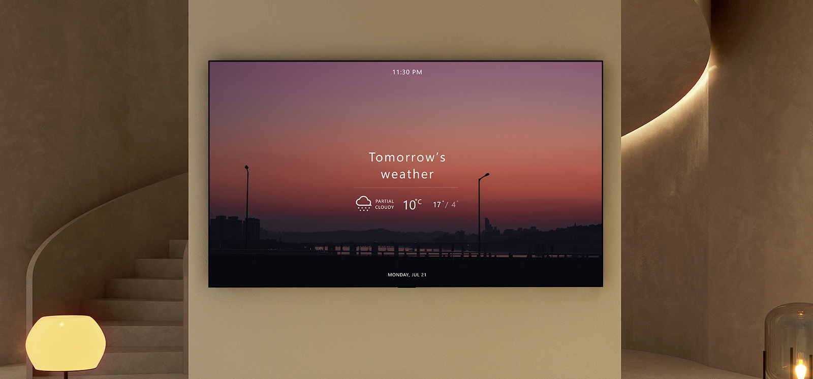 A TV screen shows a Tomorrow’s weather.