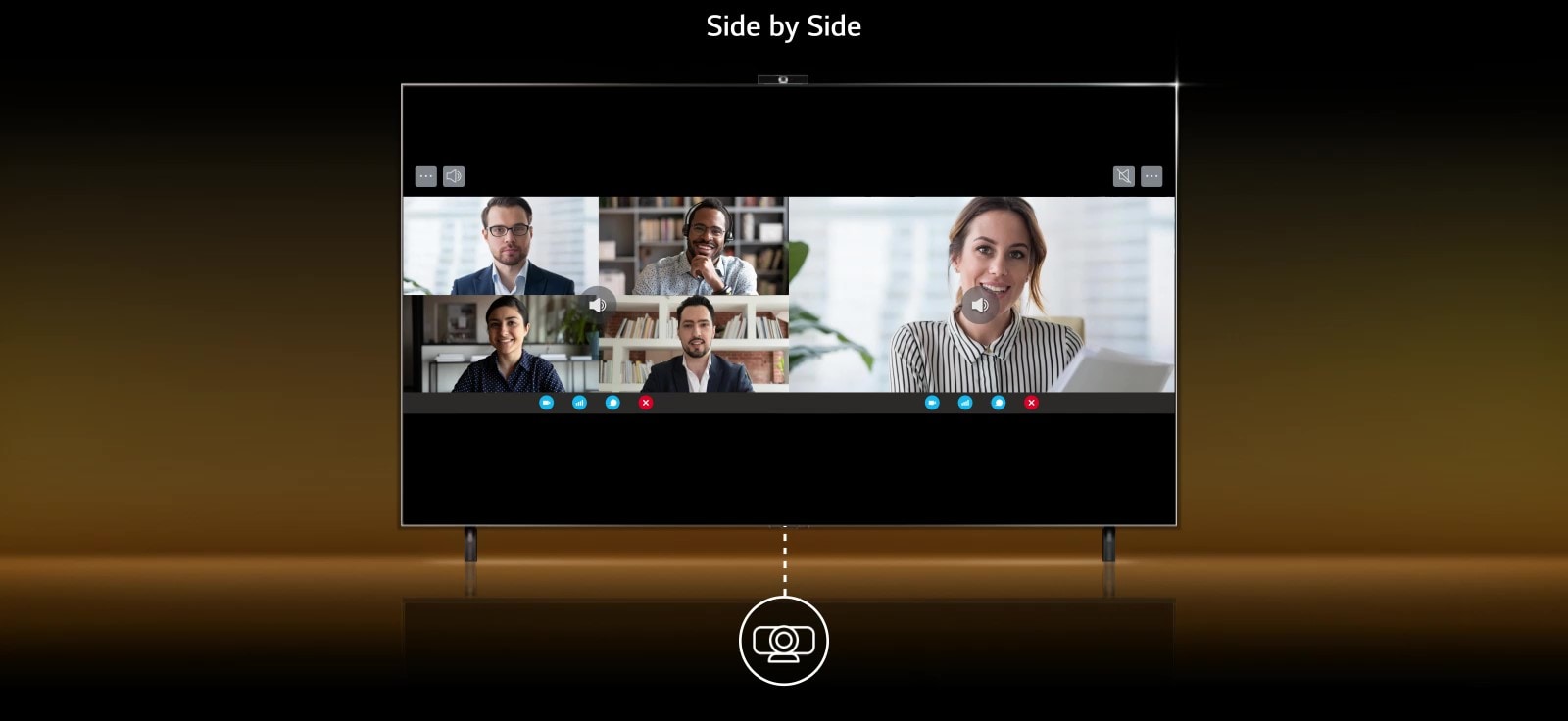 Three functions of multi-view are rolled and shown. Side by Side has a camera pictogram below and shows two screens making a video call. Picture in Picture has a camera pictogram below and I can see myself copying the exercise video. Finally, Dual Monitor shows a pictogram image and two document screens associated with the computer.