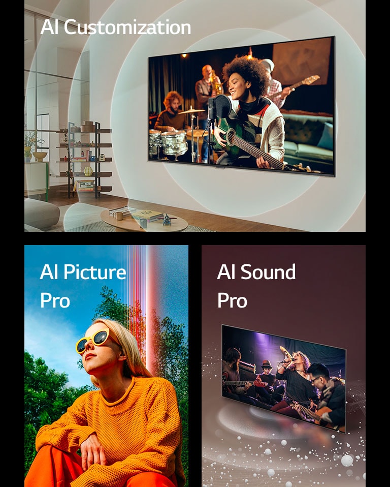 Three square images are shown in a horizontal row. On the left, an image of an LG TV mounted on a wall in a living room with a guitar player on the screen, as concentric circle graphics representing sound waves, and the words "AI Customization" top left. In the middle, an image of a woman crouching outside on a sunny day in front of trees and a blue sky, and the words "AI Picture Pro" top left. On the right, an image of an LG TV as sound bubbles and waves emit from the screen and fill the space, and the word "AI Sound Pro" top left.