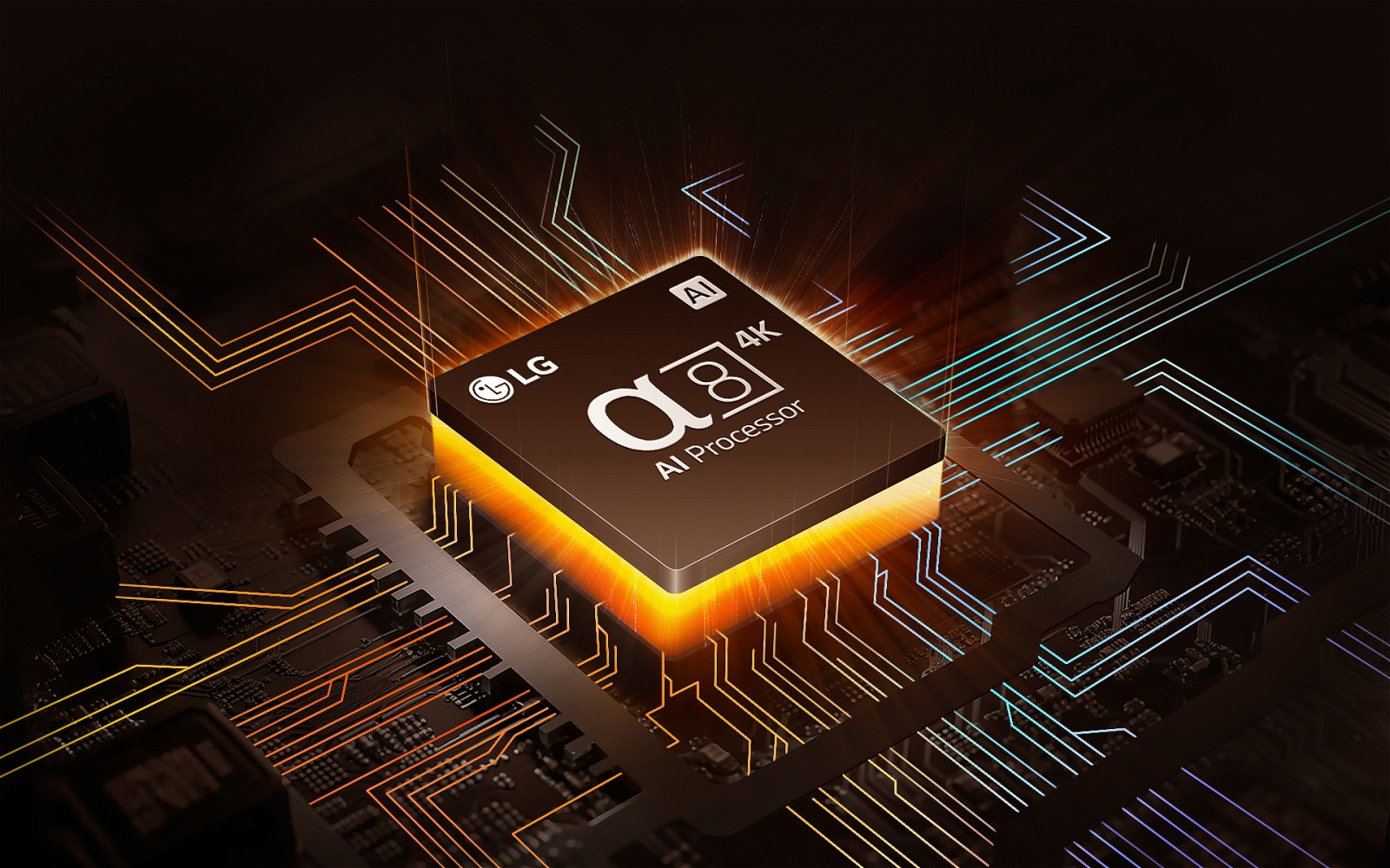 An image of LG's alpha chip with orange light emanating underneath, and colorful circuit board lines branching off the chip.