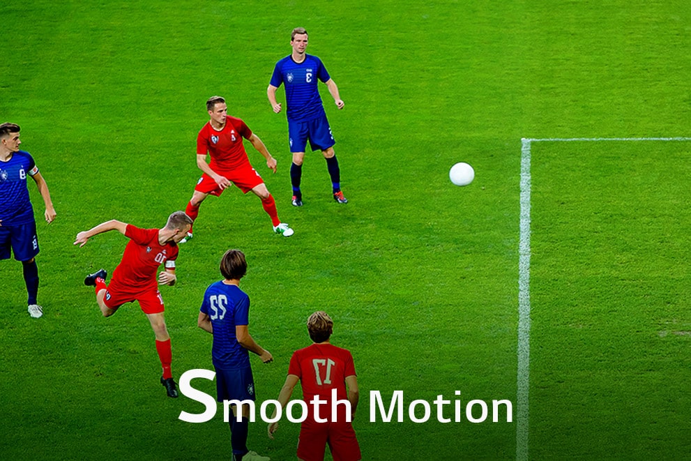 A scene of six players playing soccer, labeled "Smooth Motion"