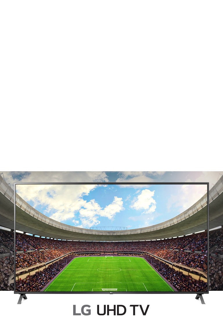 A panoramic view of the soccer stadium filled with spectators  shown inside a TV frame.