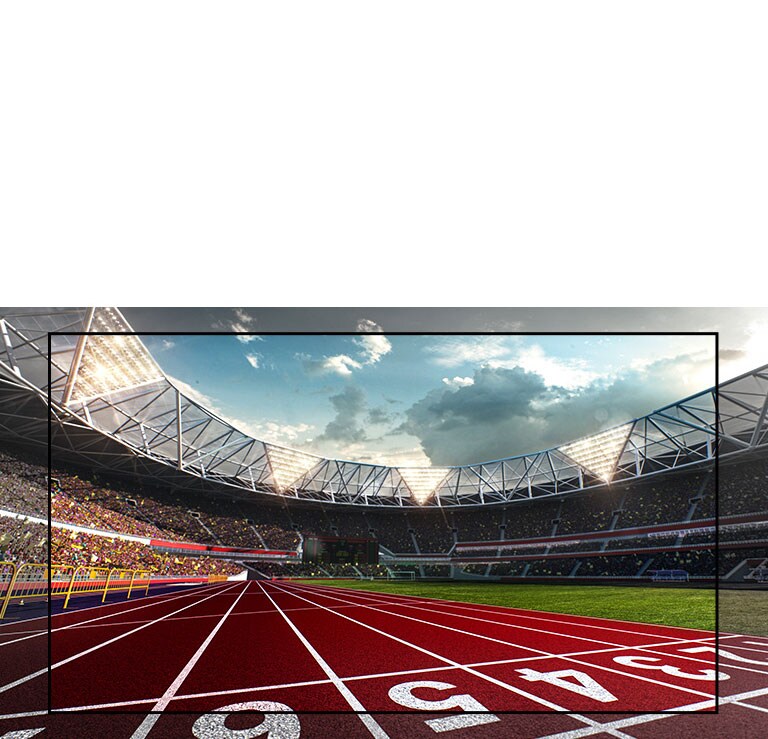 TV screen showing a stadium with a view of the running track up close. Stadium is filled with spectators.