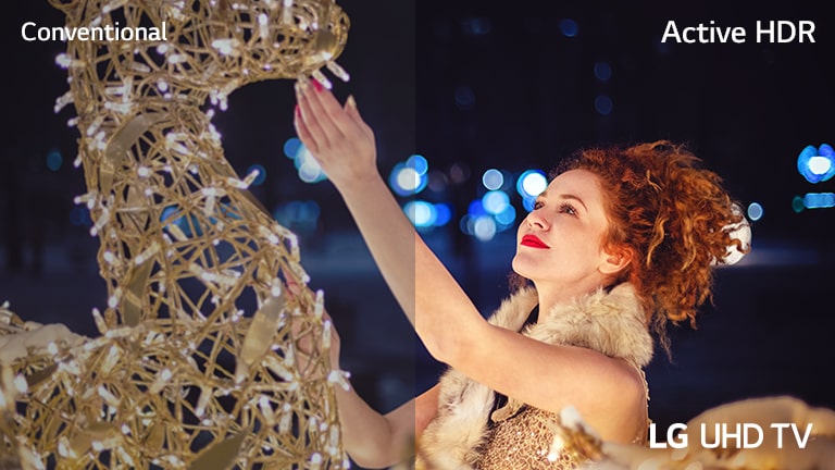 A scene of a woman touching an exhibit covered with small light bulbs is divided in half for visual comparison. On the image, there are texts of Conventional on the upper left, Active HDR on the upper right, and LG UHD TV on the bottom right.