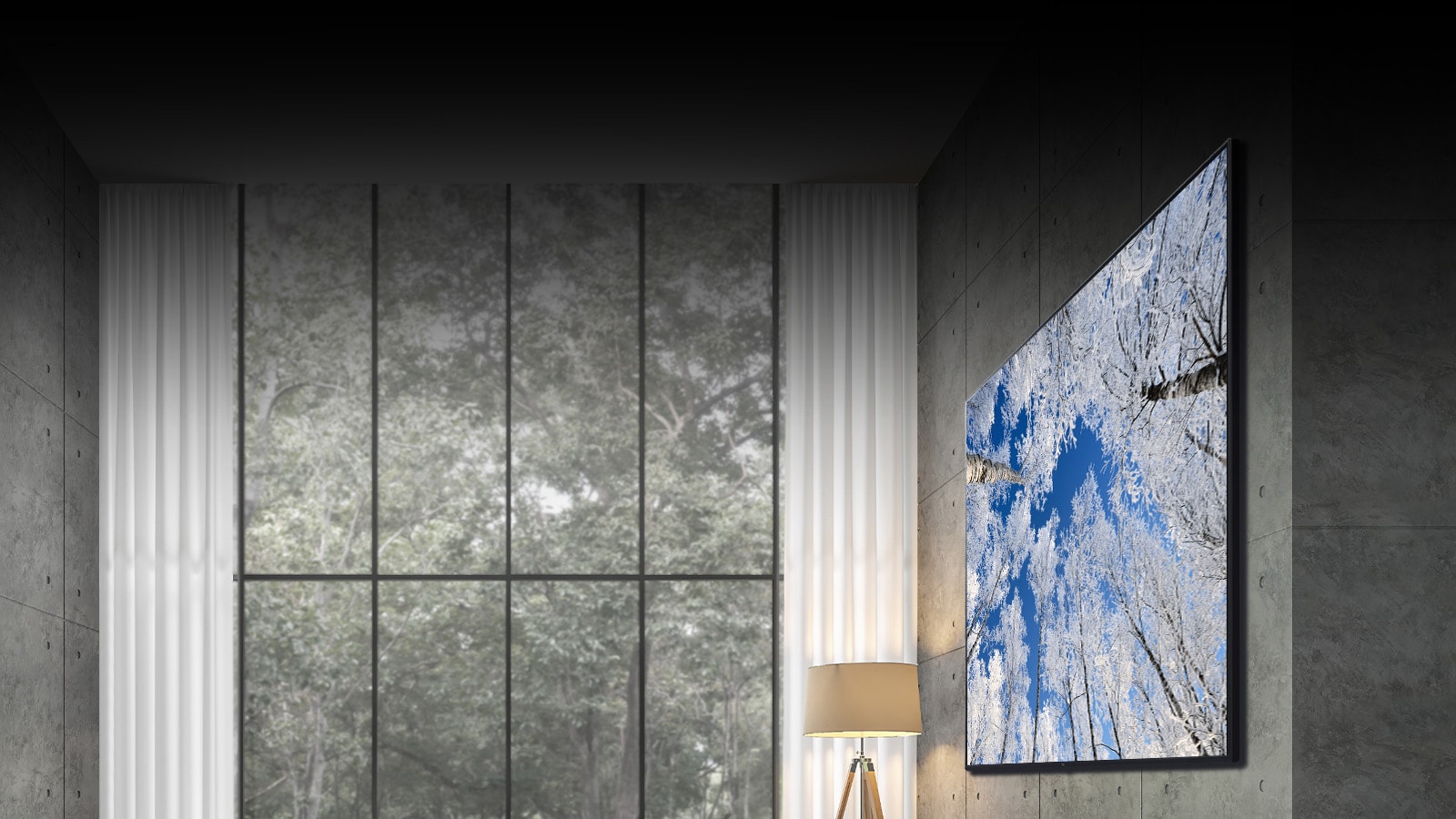 Lg 50 Inch 4K Uhd Smart Tv 7 Camera moves from a close-up of top of tv down to a close-up of front of tv. Tv screen shows green aurora. Camera zooms out to show very wide living room area. The living room is gray overall and there shows a forest through window outside.