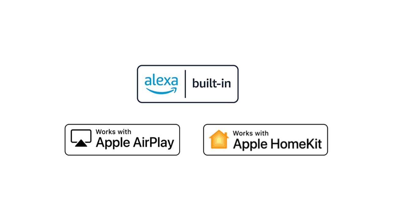 Détails montrant les logos d'Apple Airplay et d'Apple HomeKit avec lesquels ThinQ AI est compatible.