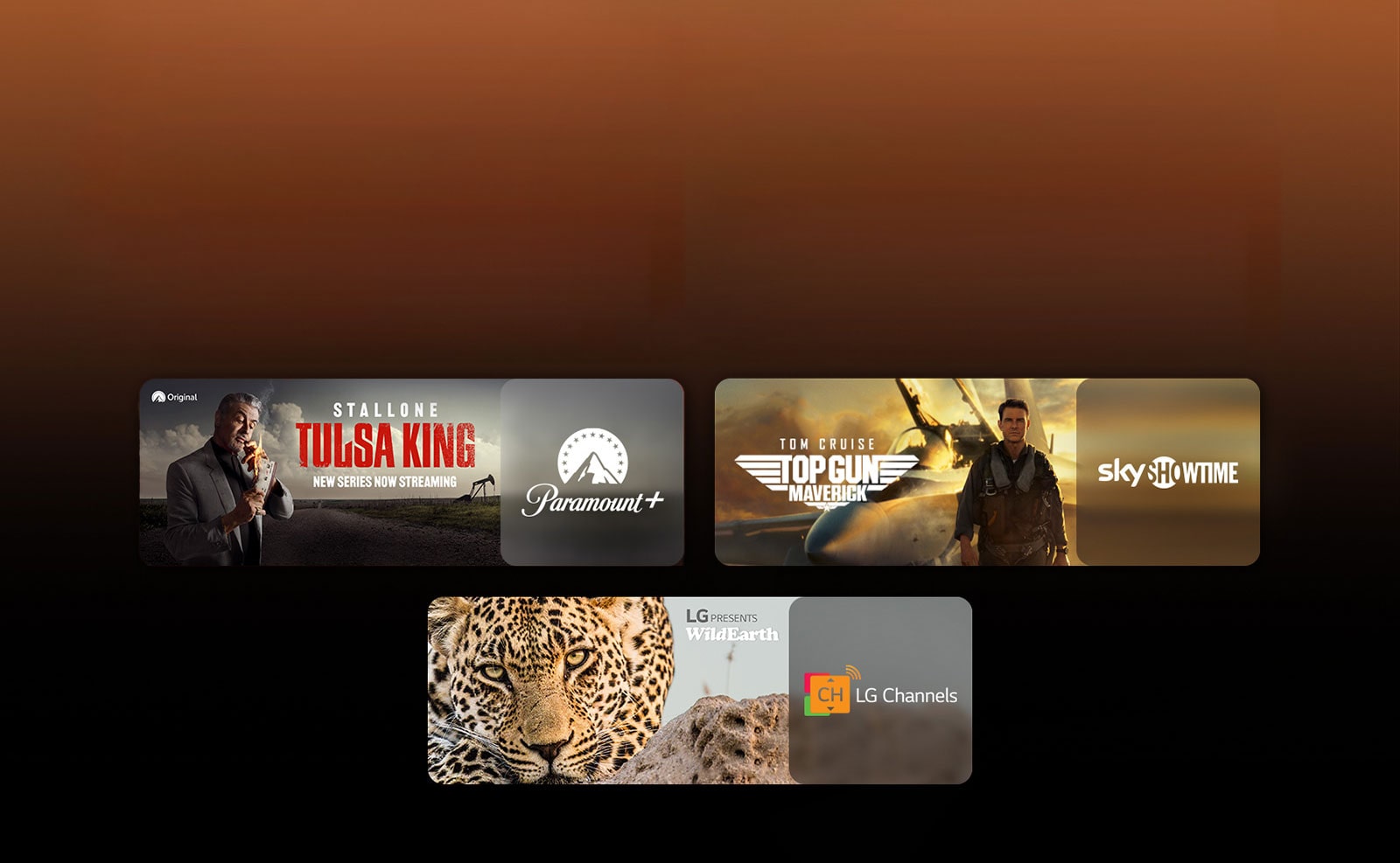 There are logos of streaming service platforms and matching footages right next to each logo. There are images of Paramount+, Skyshowtime, andLG Channel The rings of power.