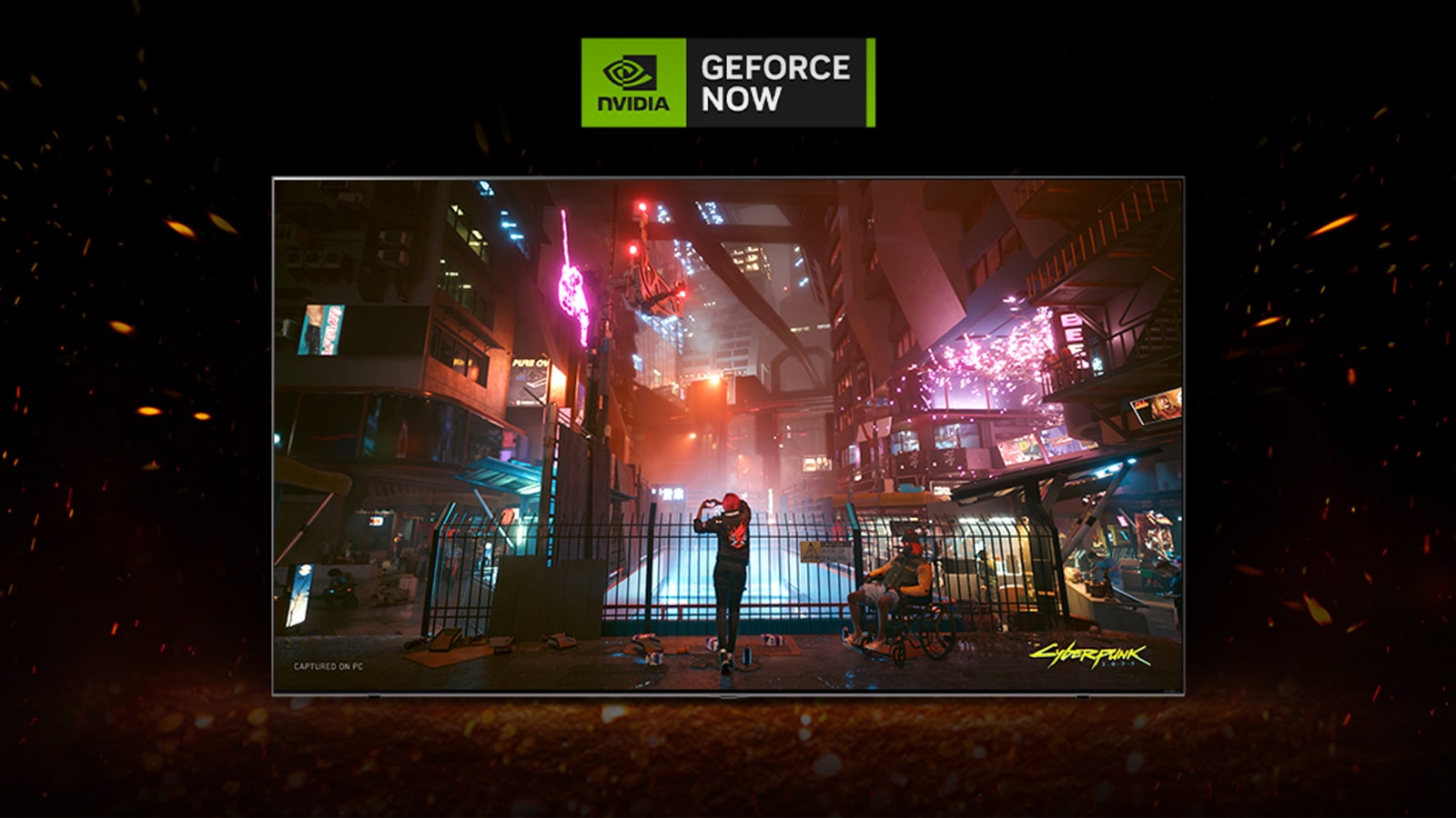 Image showing GeForce NOW on LG UHD TV, featuring shows and games.