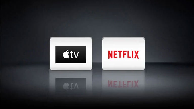 The Netflix logo and Apple TV logo are arranged horizontally in the black background.