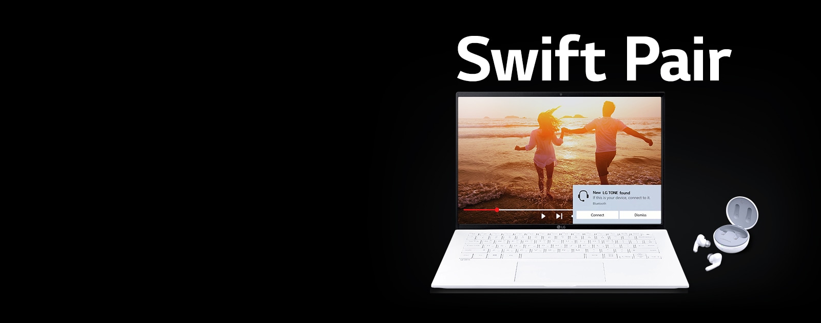 An image of a laptop and TONE Free placed under the phrase 'Swift pair', and pairing alert turned on on the open laptop screen.