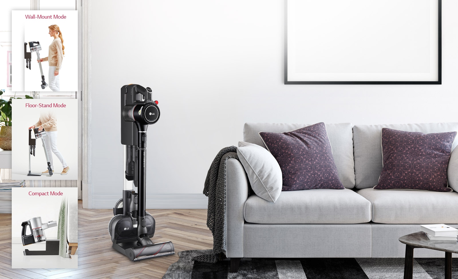 The CordZero A9 Kompressor Vacuum is in the charging stand in a living room conveniently placed near the sofa.