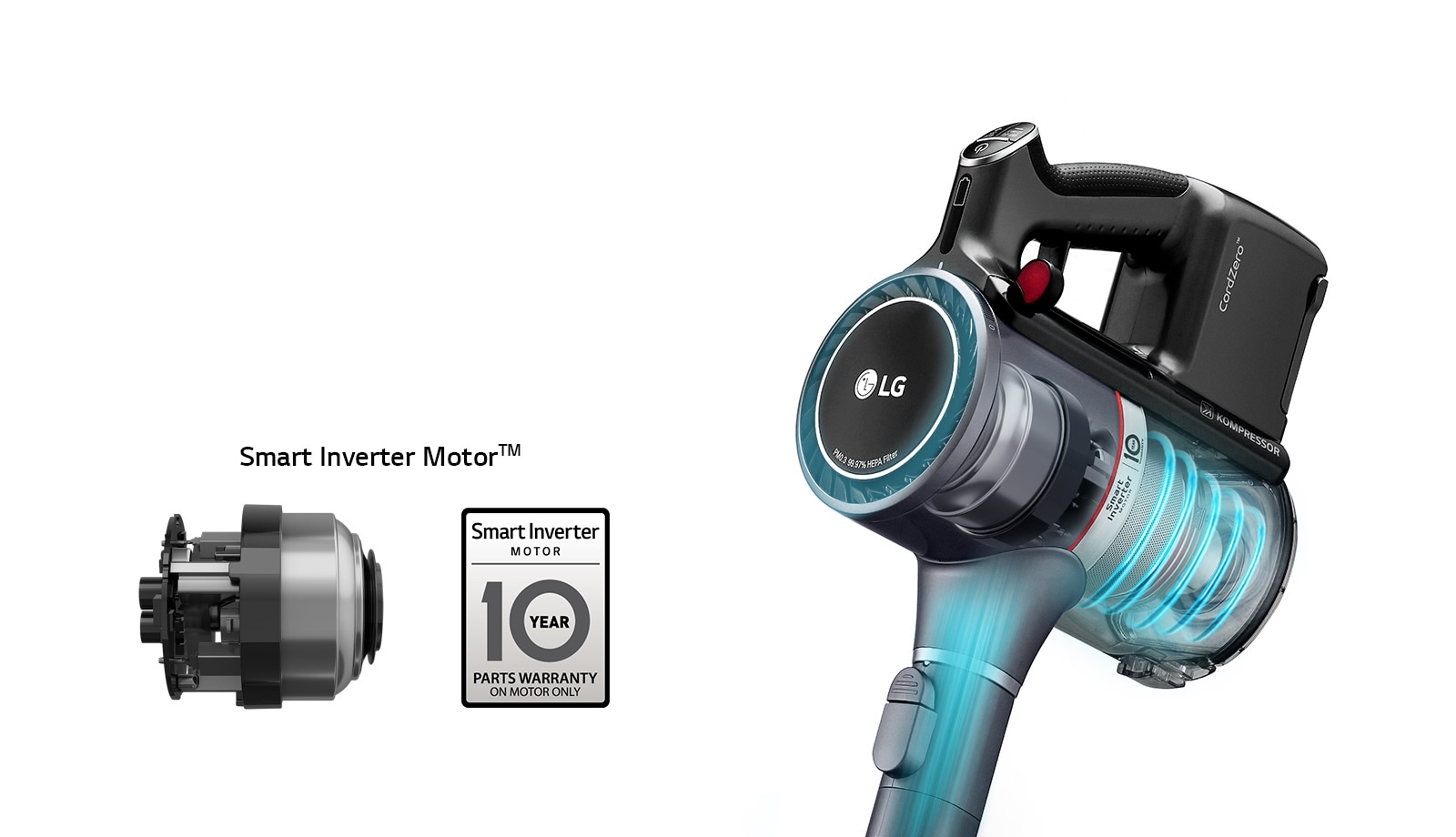 The handle area of the handstick vacuum cleaner is shown on the left with the Smart Inverter Motor™ which is inside shown on the right outside of the machine.