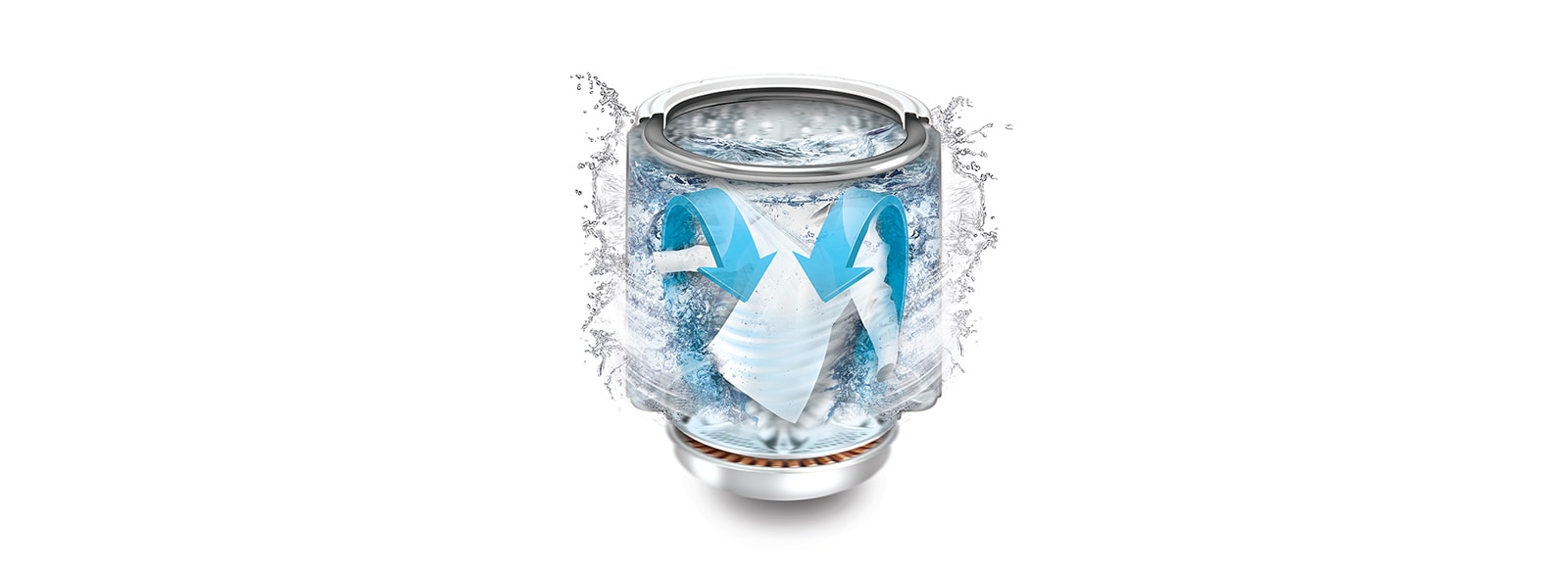 Two blue arrows show how the water moves up and down powerfully in the drum.