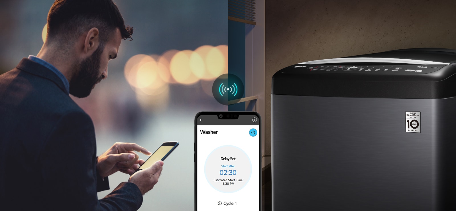 An image on the left shows a man looking down at his phone. The image on the right shows the washer at home with a green light on the display. At the center of the two images in a picture of the screen of the phone which shows the washer on the LG ThinQ app and a connectivity icon.