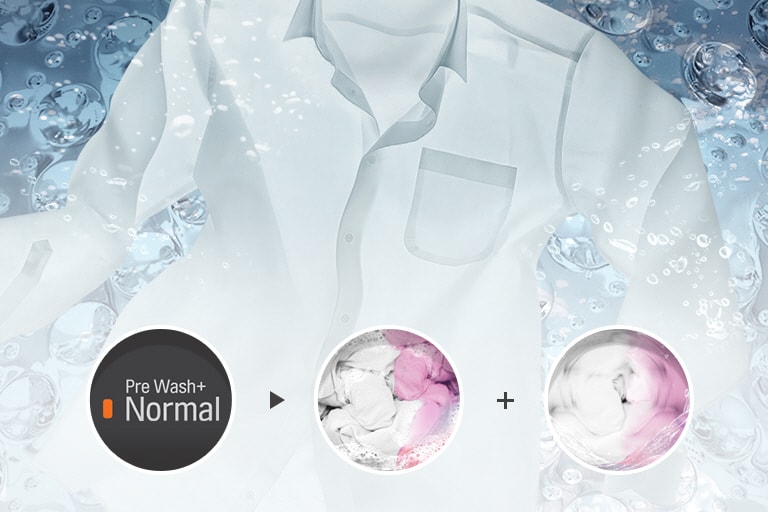 A button up shirt floats in water in the background with three circular insets in the front. The first is the "Pre Wash + Normal" setting on the water. An arrow beside that leads to the second circular inset that shows clothing soaking and the third circular inset shows the clothing being washed.
