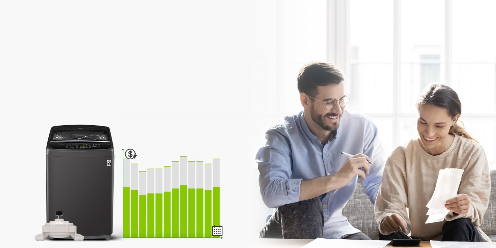 A front view of the LG Top Loading Washer with a motor in front is on the left of the image with a line graph in the center and on the right side is a man and woman smiling as they look at bills. The line graph moves to show what the electricity costs were last year compared to this year and the cost is lower by about a third.