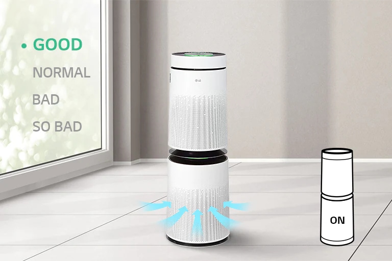 The first image shows an infant looking up at the air purifier which is releasing air in the living room. The second image shows arrows representing air flowing into the machine and the words good, normal, bad, so bad are to the left with the 'good' being indicated as the machine is on.