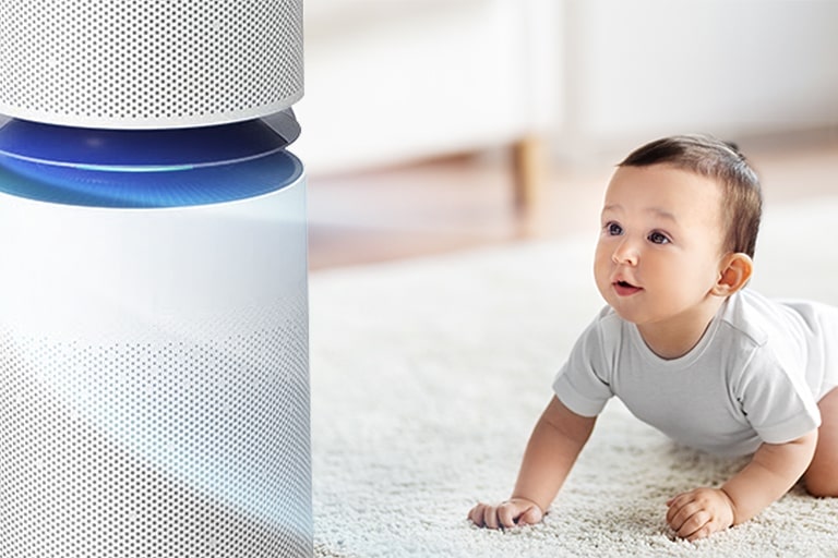 The first image shows an infant looking up at the air purifier which is releasing air in the living room. The second image shows arrows representing air flowing into the machine and the words good, normal, bad, so bad are to the left with the 'good' being indicated as the machine is on.