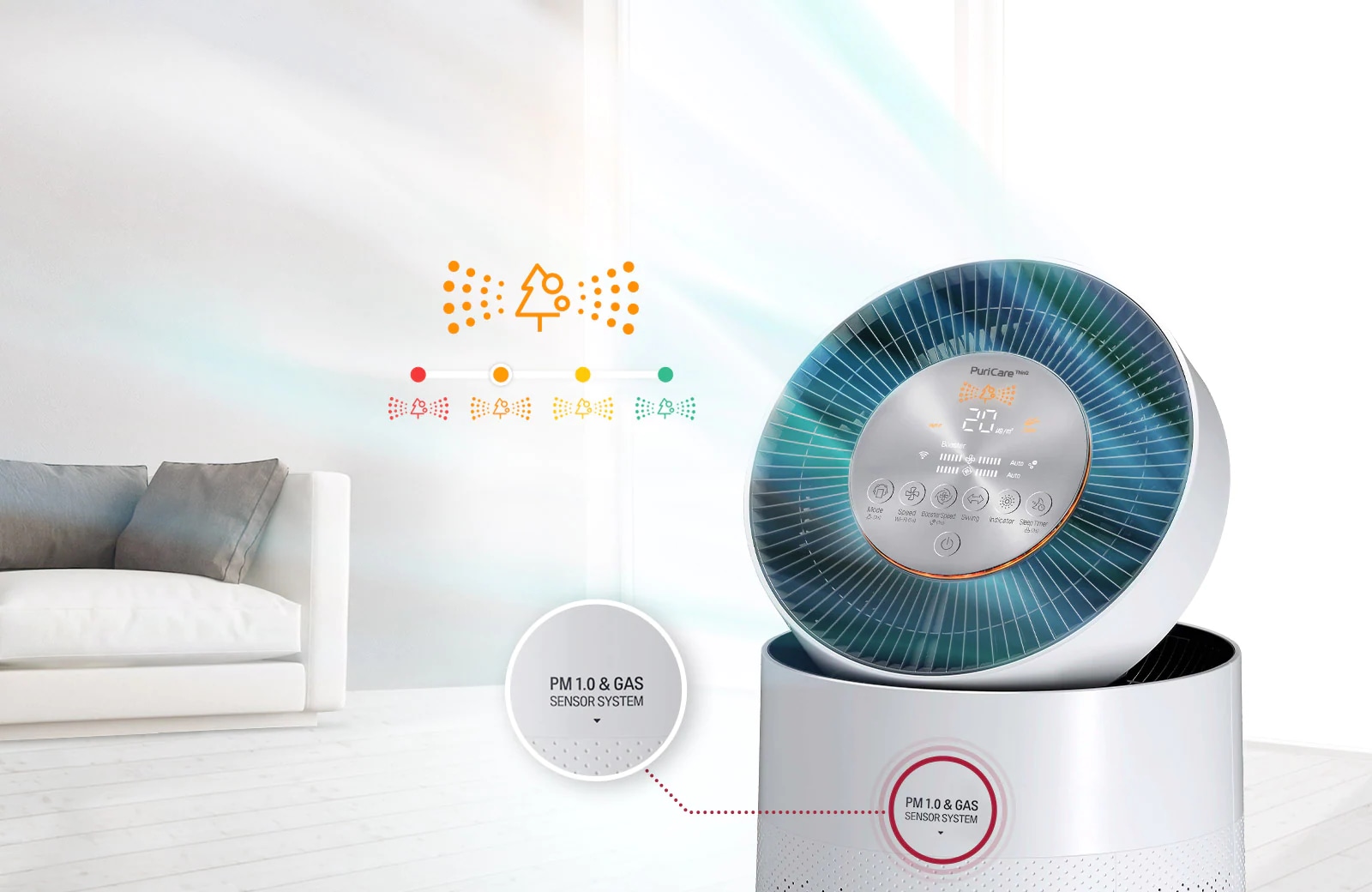 The air purifier is shown with an orange display. A magnified image of the front is inset showing the label "PM 1.0 & Gas Sensor System". Above the machine is a line that goes from polluted which is color-coded red through orange and yellow and finally to green which is clean showing how the machine changes depending on the air quality.