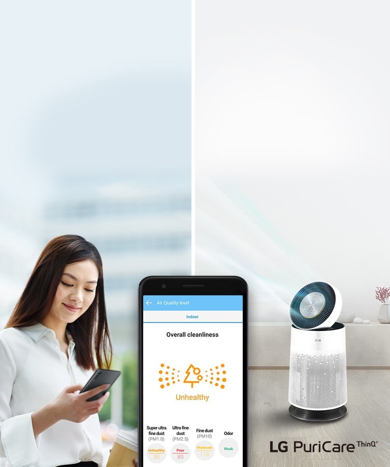 A woman looks at her phone on the left and the air purifier sits on the right. An image of the phone display is in the foreground showing the air quality and other statistics in the LG ThinQ app.