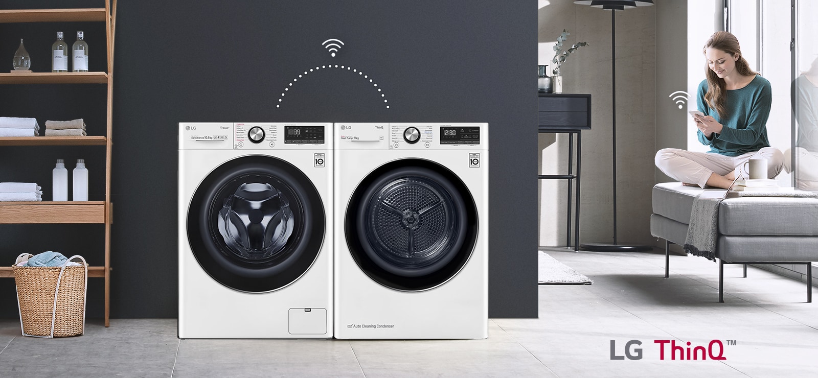 User just sits on the couch and controls dryer and Washer (washing machine) by LG ThinQ app.