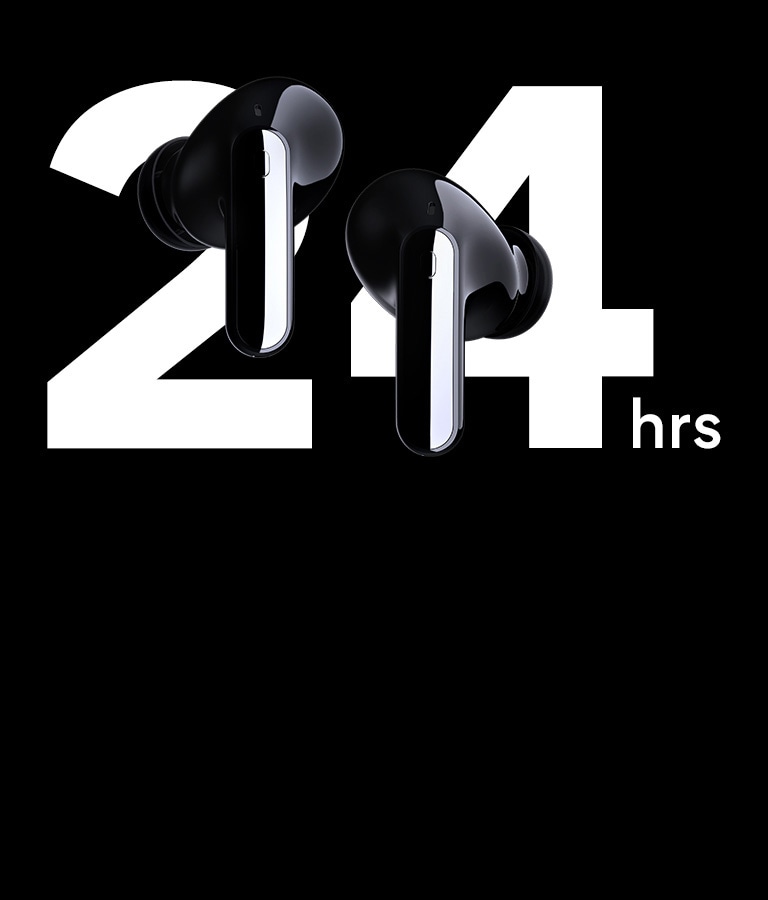 Ear buds are floating infront of text "24 hrs". 