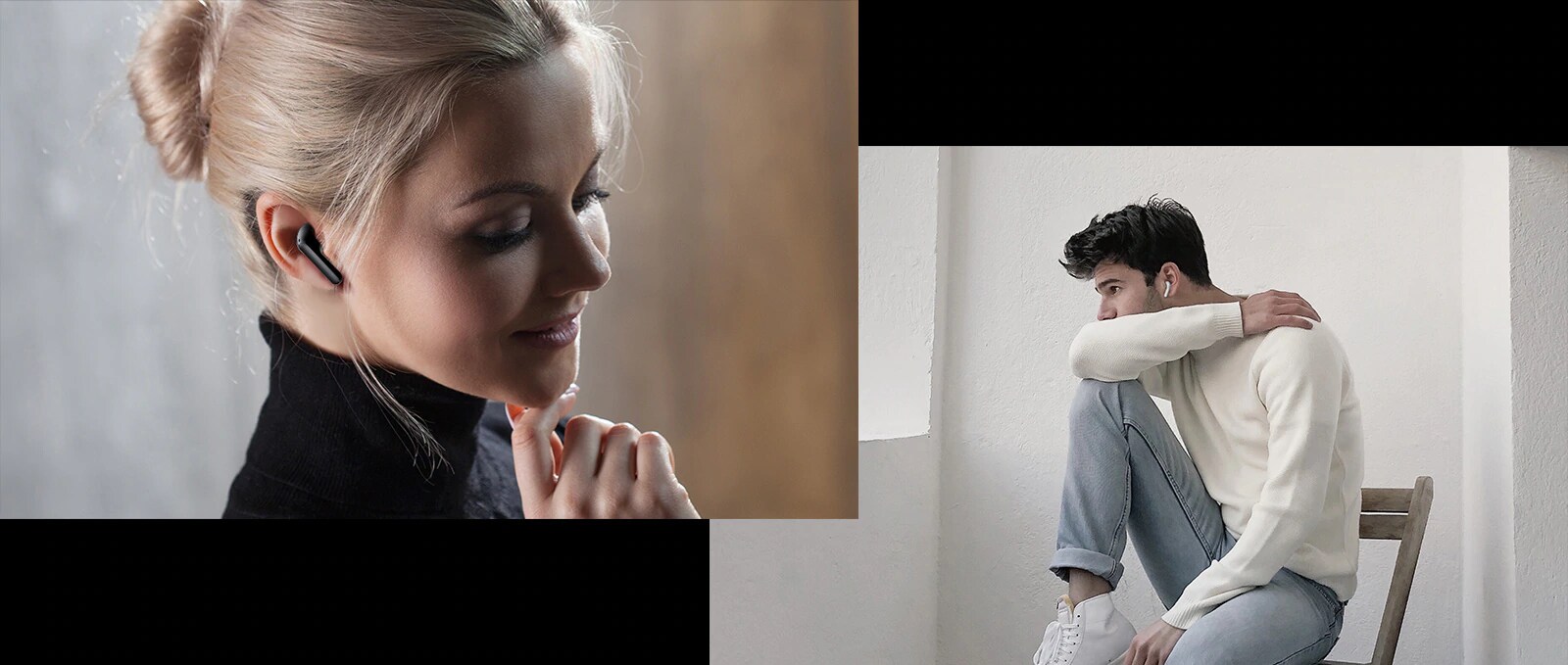 Images of a woman wearing a black earbud and a man wearing a white earbud
