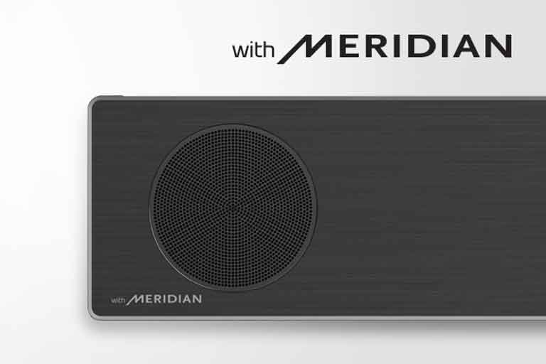 Close-up of LG Soundbar left side with Meridian logo on the bottom left corner. Larger Meridian logo shown above the product.