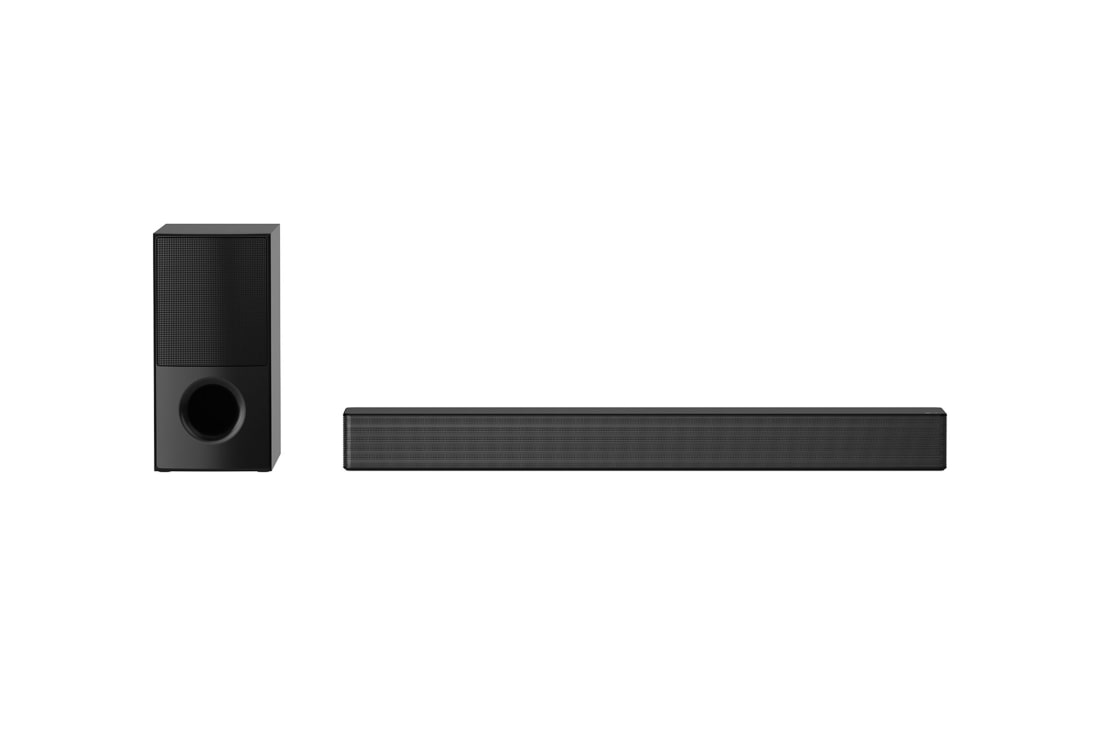 LG SNH5 600W 4.1ch Sound Bar with DTS Virtual X & Bluetooth® Connectivity, front view with sub woofer and rear up-firing speaker, SNH5