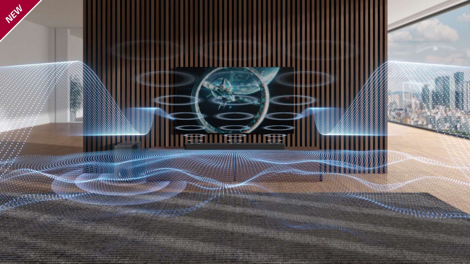 Variously figured blue-colored sound waves are being released from Sound Bar and TV. NEW mark is shown in the top left corner.