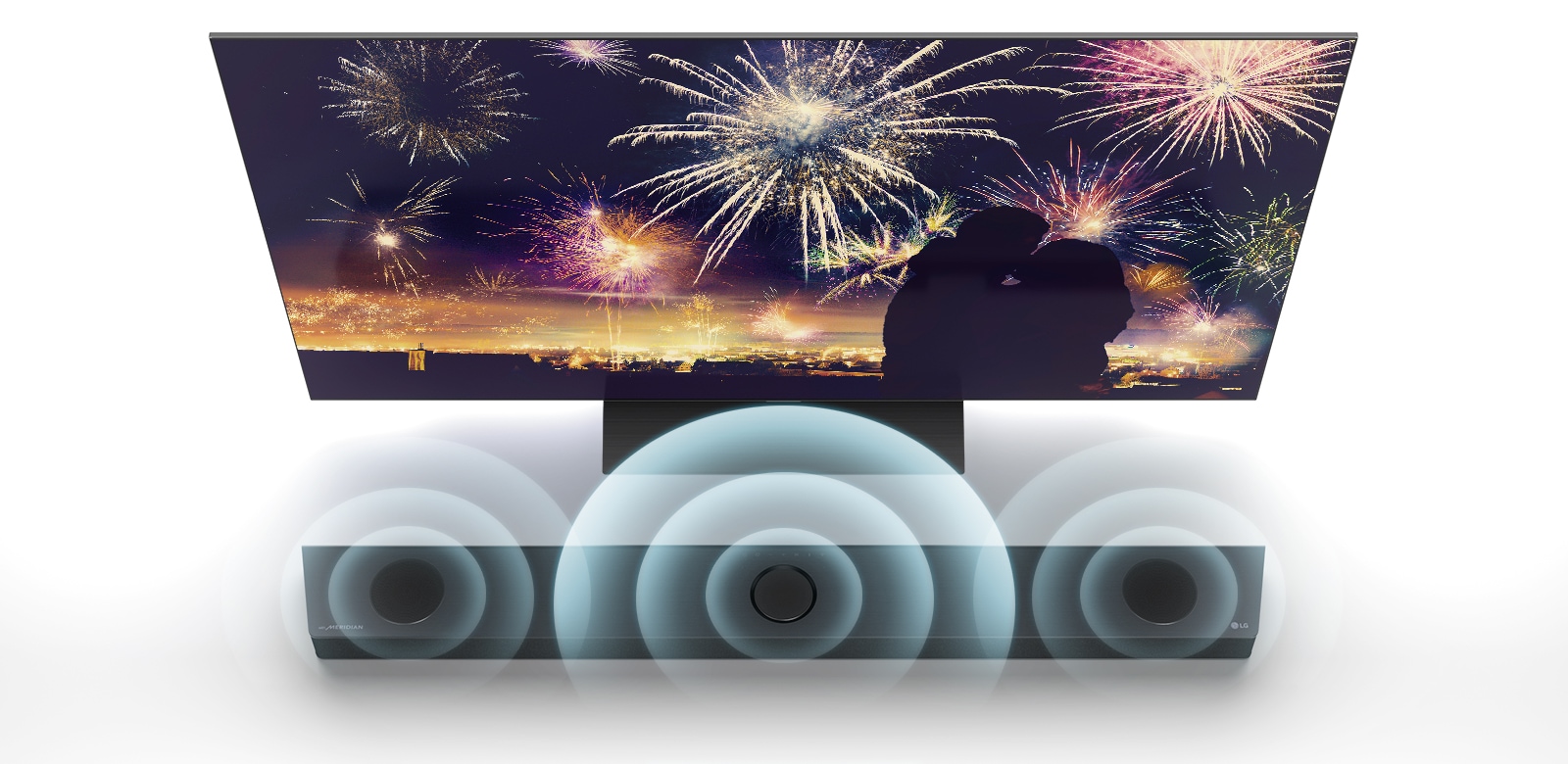 In bird's eye view, LG TV is standing on the floor and LG Sound bar is right below TV in the infinite space. On the TV screen, a silhouette of a couple on the background of fireworks. Soundwave graphics are coming from the center, left, and right speaker of the top of sound bar.