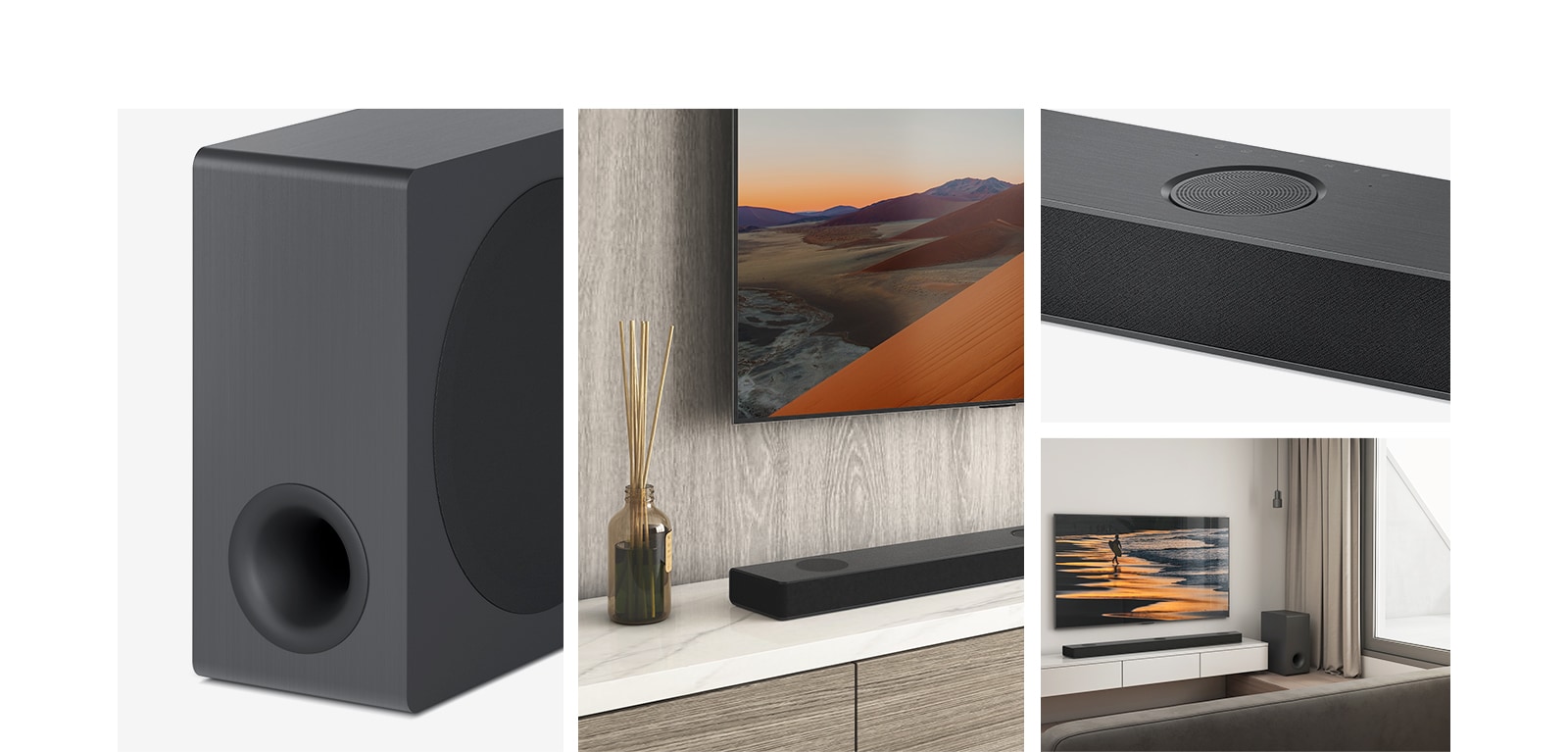 Collage. From left, an image of sub-woofer, Close up of LG TV, showing the mountain on the TV screen, and LG Sound Bar below. On the right, Clockwise from top-bottom: close-up of center up-firing channel. LG Sound Bar, sub-woofer, and LG TV which displays a beach at sunset is placed in the living room.