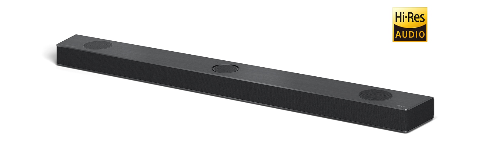 Full image of LG Sound bar with LG logo on the bottom right corner of a product. Hi-Res AUDIO logo is shown on the right or image.