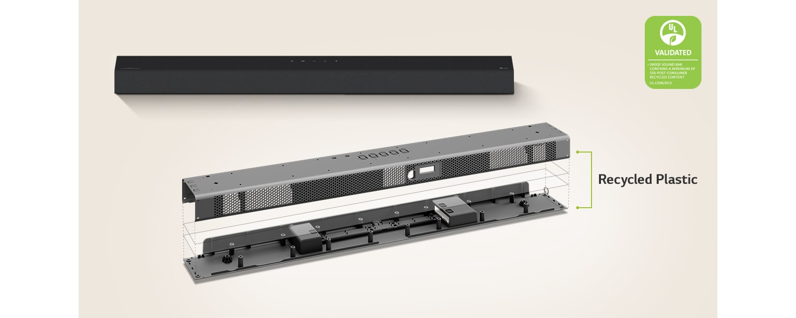 There is a front view of sound bar behind and a metal frame image of sound bar in front.