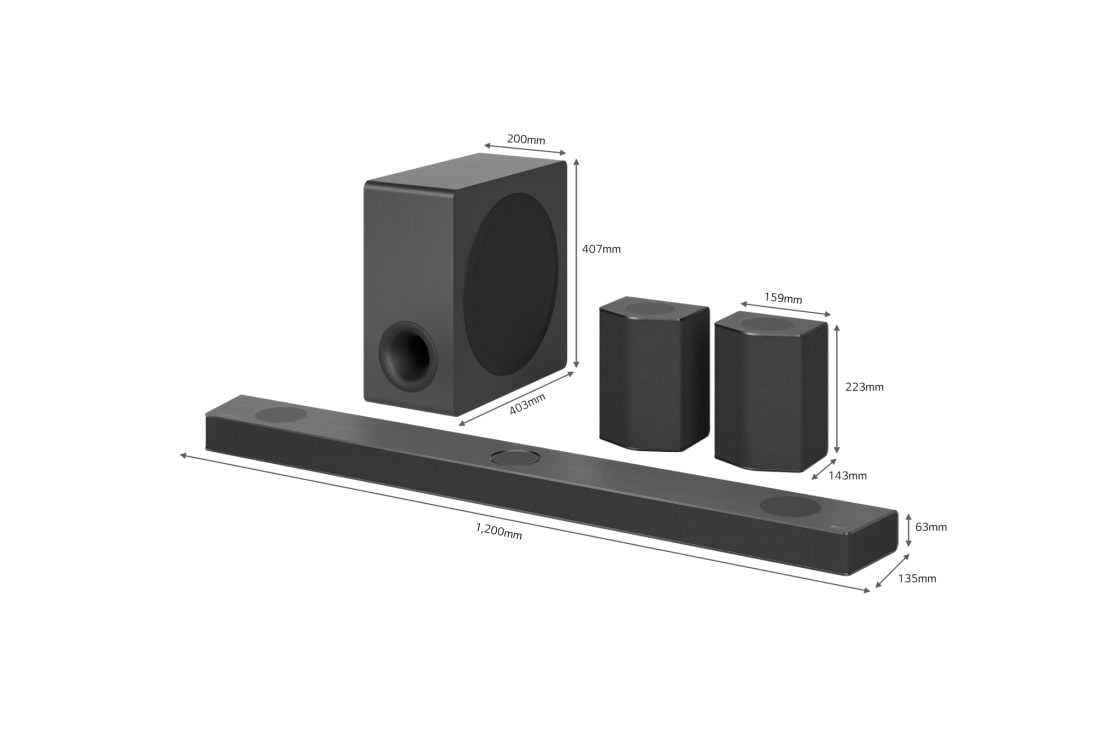 LG S95QR 810W 9.1.5ch High Res Audio Sound Bar with Dolby Atmos and IMAX Enhanced, Diagonal view of sound bar, subwoofer, and rear speakers with size , S95QR