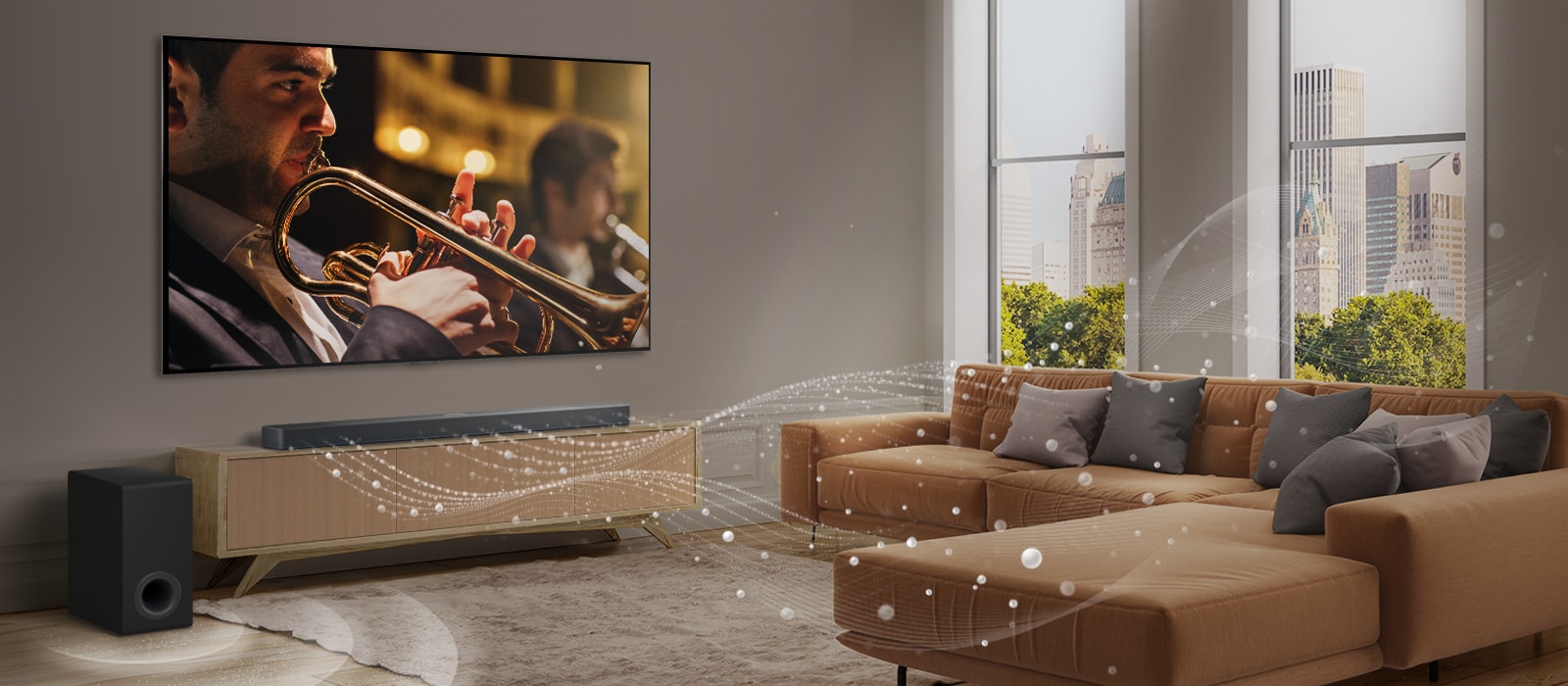 An LG Soundbar, LG TV, and subwoofer are in a modern city apartment. The LG Soundbar emits three branches of soundwaves, made of white droplets that float along the bottom of the floor. Next to the Soundbar is a subwoofer, creating a sound effect from the bottom. 