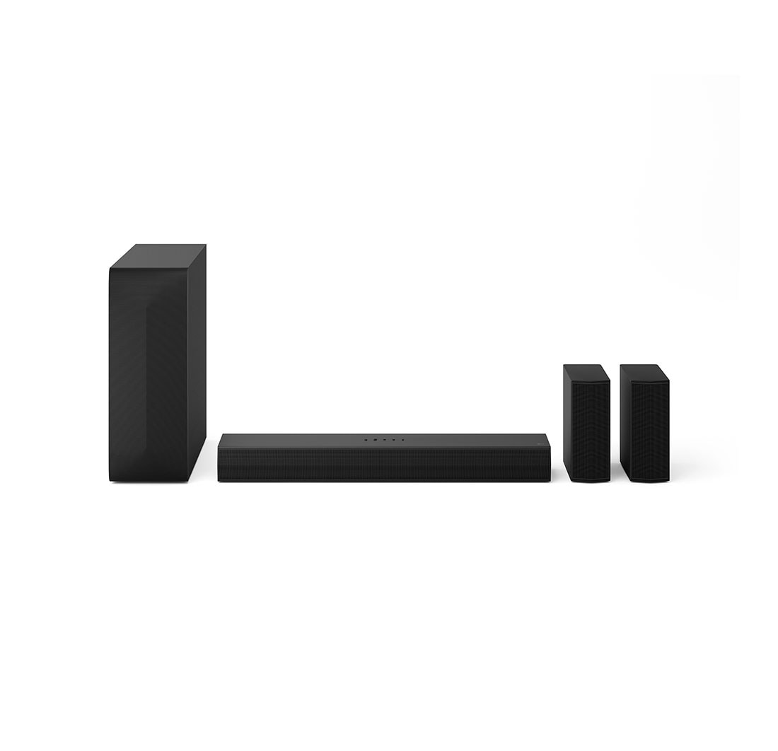 LG S60TR 440W 5.1ch soundbar with Dolby Digital and DTS Digital Surround, Front view of LG Soundbar S60TR, Sub Woofer, and Rear Speakers, S60TR