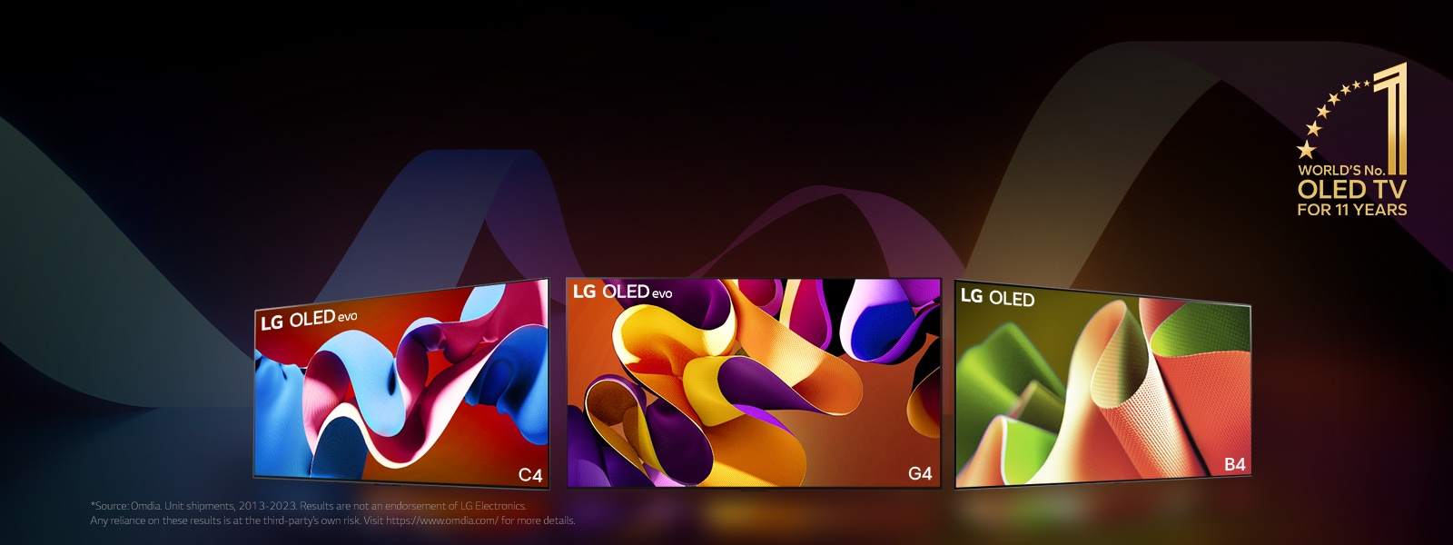 LG OLED evo TV C4, evo G4, and B4 standing in a line against a black backdrop with subtle swirls of color. The "World's number 1 OLED TV for 11 Years" emblem is in the image. 