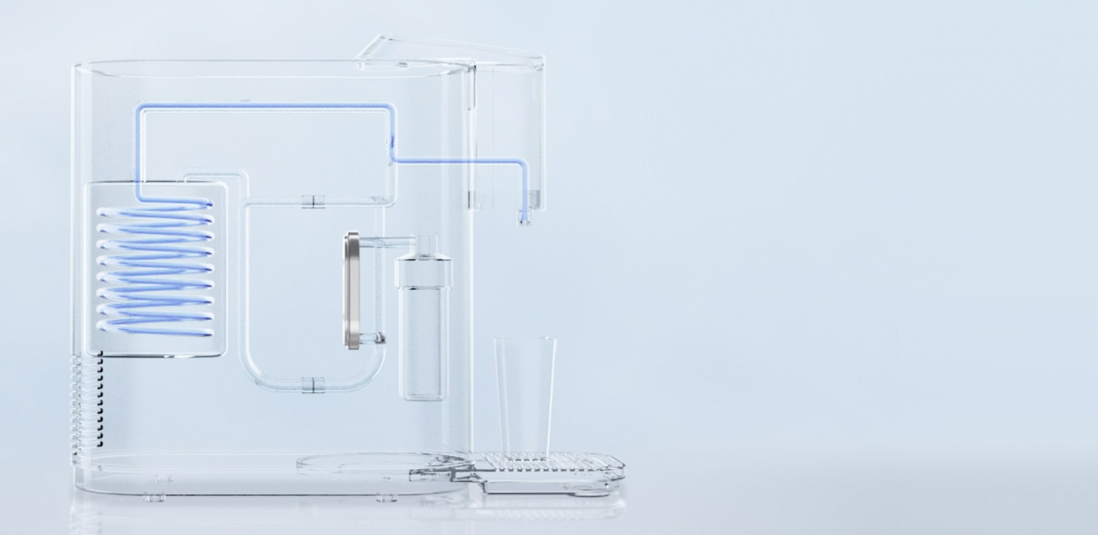 The interior of the water purifier is shown with an invisible exterior to show how the system is tankless and water flows through continusouly and never sits inside.