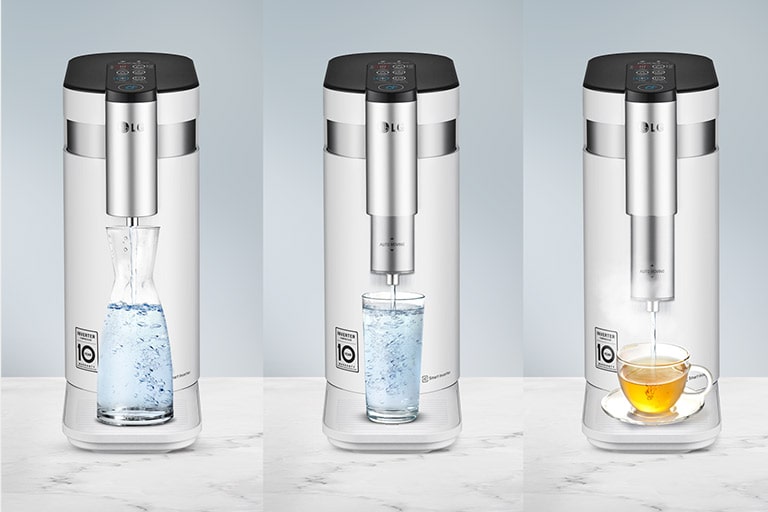 Three images of the water purifier are shown next to eachother and each has a different sized water recepticle showing that the tap can move up and down depending on the size.