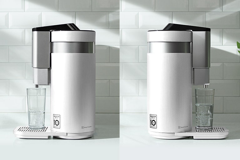 The first photo gallery showcases three water purifiers with three different sized glasses beneath the tap to show the heigh adjustment capability. The second photo gallery showcases the same purifier but with the tap moved from the left side then to the right side to show the 180˚ rotation possibility. 