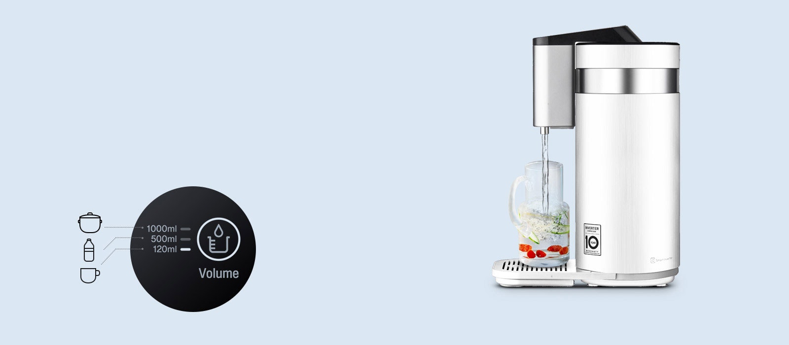 A second image shows the water filter filling a juice decanter. Next to it are three icons for a cup, bottle, and pot and the different amounts to fill them labeled.