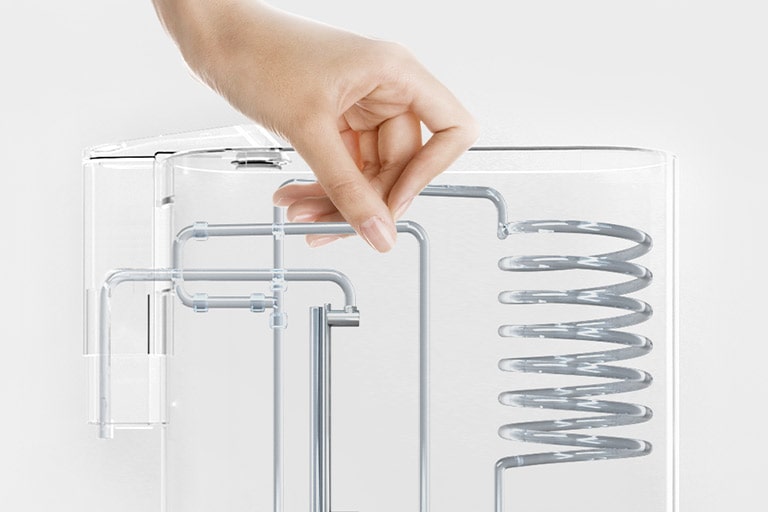 Three images are shown: the first features a hand gripping the pipe inside of the water purifier