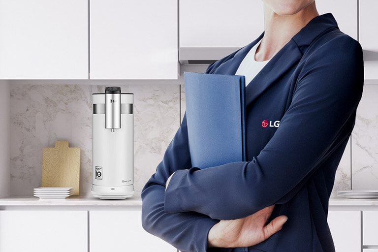The second has a woman in a busines suit holding a folder with the water purifer in the background