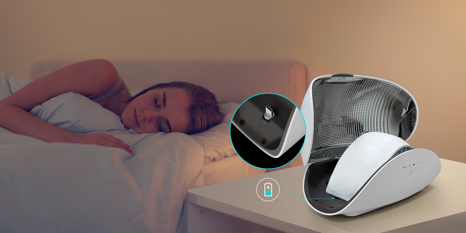 A women sleeps on a bed in the background. A drained battery icon is near her. The Puricare Mask sits in the PuriCare Wearable Air Purifier Case which is also a charger. A magnified inset shows where the mask plugs into the case.