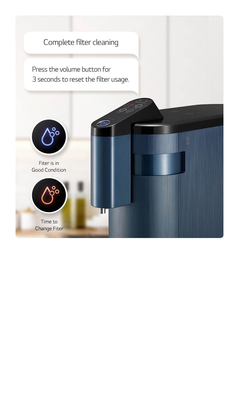 There is a water purifier in what is seen as a kitchen, blue and red icon on the left, and a speech bubble
