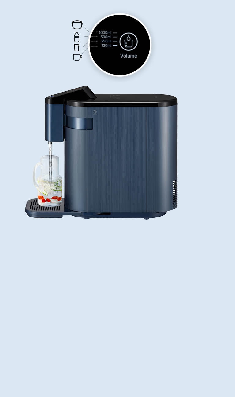 The side view of the water purifier is shown on a light blue background and the water purifier button is enlarged